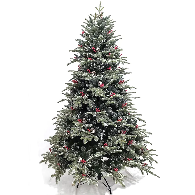 גן מלאכותי PVC PE עץ חג המולד אדום ברי עץ חג המולד מעוטר עם קונוס אורן