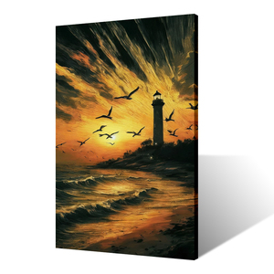 Faro costiero stampa pittura arte della parete con gabbiani che volano sopra la spiaggia del tramonto paesaggio decorazioni murali - Product Image 3