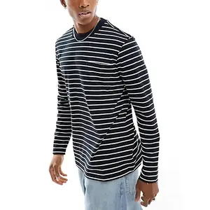 Wholesale Daily Custom Logo Chest Pocket Long Sleeve Navy Striped Cotton T Shirt For Men