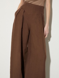 Pantalon large en lin pour femme, taille haute, avec ceinture incurvée en V, plissé devant, fermeture éclair latérale, décontracté, avec poches latérales - Product Image 2