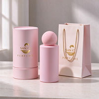Flacon de parfum rose mat personnalisé avec logo, 50 ml, en verre cylindrique, avec bouchon boule brillant, emballage boutique marque privée