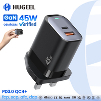 Prix de gros, chargeur GaN 45W réel, mini adaptateur de voyage EU UK US avec chargeur rapide PD, lumière LED pour téléphone Samsung Xiaomi