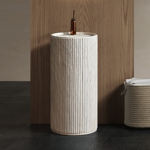 Lavabo sur pied en pierre artificielle beige travertin de luxe moderne, <span class=keywords><strong>design</strong></span> cannelé, pour salle de bain - Product Image 1