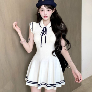 Preppy-Style Lapel Collar, Cap Sleeves, Knitted Lace-Up Dress, Summer New Arrival, First-Love Look, Waist-Cinching Slimming - Product Image 1