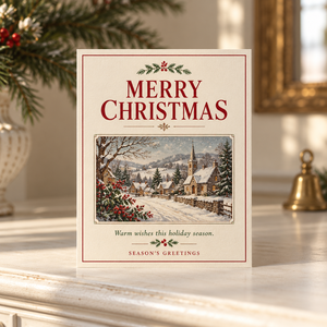 Biglietto d'Auguri Classico con Scena Natalizia, Cartolina Artistica Retrò con Villaggio Innevato, Biglietto di Auguri per le Festività Invernali - Product Image 2