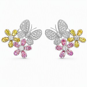 Pendientes de Botón con Diseño de Flor de Mariposa, Oro Blanco de 18K, Gemas Rosas y Amarillas, Diamantes Blancos, Joyería Natural y Linda para Mujer - Product Image 2