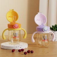 Gourde PPSU pour bébé avec motif dessin animé, couvercle à clapet, paille, sans PVC, débit variable, mignonne, avec sangle d'épaule, 240/300ml, forme de gourde, large ouverture