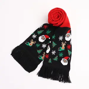 Luminous Knit Scarf Christmas Polka Dot Elk Pattern Knitted Christmas Scarf with Tassels