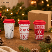Vente en gros en stock, tasses à café de voyage en céramique personnalisées de 420 ml, tasses en porcelaine de Noël avec couvercle, cadeau de Noël