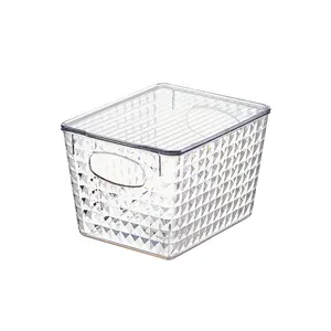 Caixa de armazenamento transparente de plástico luxuosa com tampa, recipiente organizador de plástico à prova de serviço, recipiente de armazenamento com alça, padrão de diamante