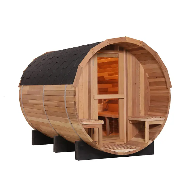 4-8 Person red cedar wood barrel sauna outdoor with wood burning stove