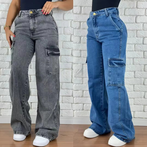 Jean évasé décontracté pour <span class=keywords><strong>femme</strong></span> 2026, respirant, délavé, style rétro, multi-poches, coupe large, pour l'hiver - Product Image 3