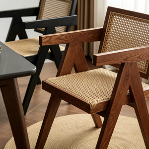 <b>Vintage</b> Rattan Woven Armchair, Solid Wood <b>Frame</b> Dining Chair, Ergonomic Side Chair for Living Room Kitchen - Product Image 4