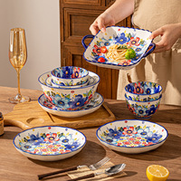 Set Peralatan Makan Keramik Motif Bunga Musim Panas Buatan Tangan Termasuk Mangkuk, Piring Ikan, Hadiah, Lukisan Underglaze, Hadiah Pernikahan, Mangkuk Sup/Nasi