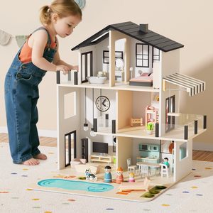 Grande maison de poupée en bois moderne avec meubles et accessoires, jouet en bois pour les tout-petits de 3 ans et plus, cadeau idéal pour les garçons et les filles - Product Image 1