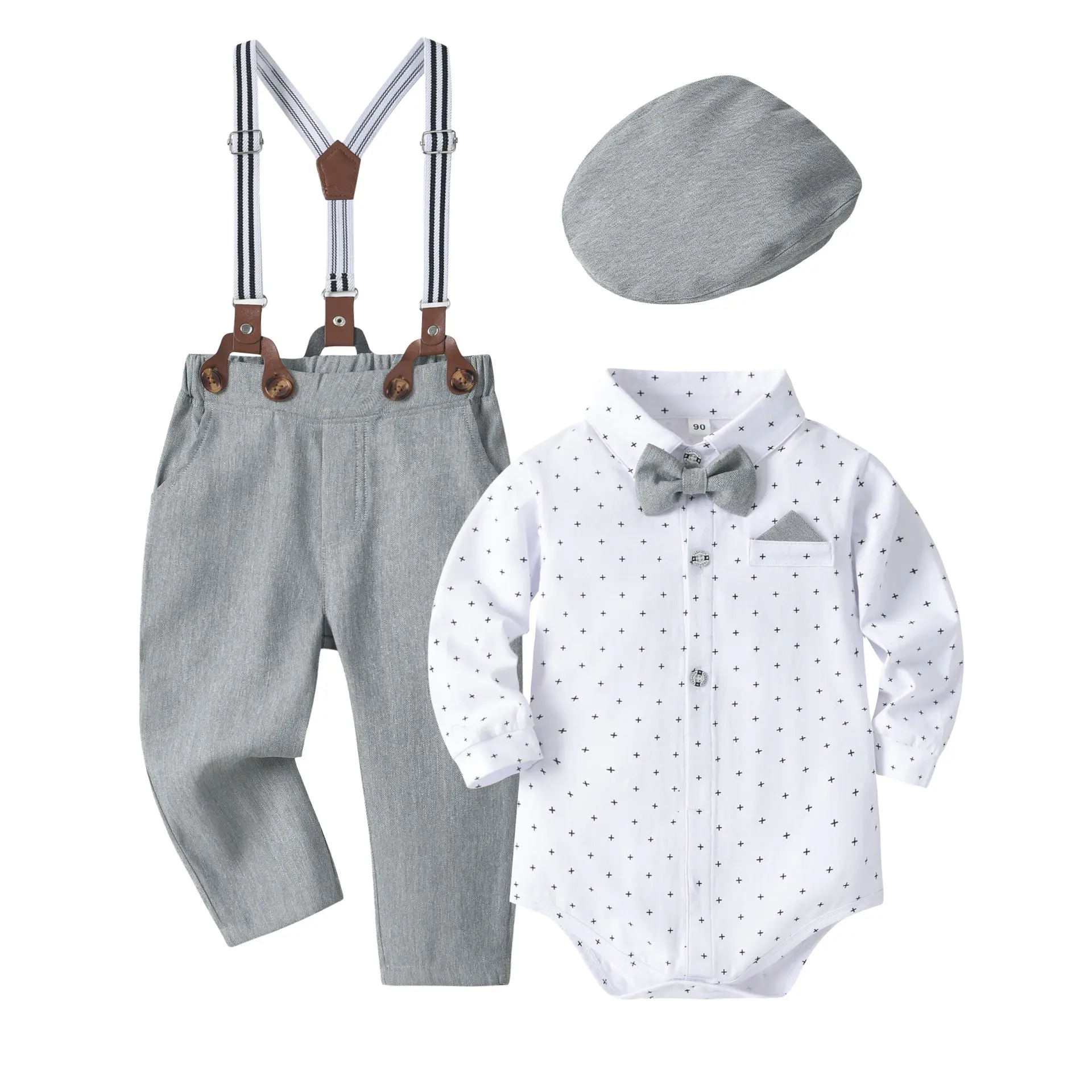 赤ちゃん幼児紳士ドレスセット子供の誕生日パーティースーツ赤ちゃんの最初の年のドレス帽子ショルダーストラップパンツ服