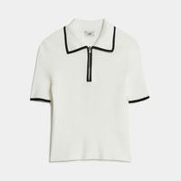 Pull court de style rétro à manches courtes et bordures côtelées contrastées Col polo avec fermeture éclair