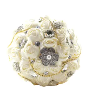 रचनात्मक दुल्हन गुलदस्ता सफेद अद्भुत Rhinestones के ब्राइडल साटन फूल कृत्रिम