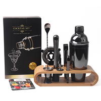 Ensemble de shaker à cocktails de luxe LATROU 750 ml en acier inoxydable avec cadre en bois, ensemble de 10 pièces pour le vin, noir, pour bar et usage domestique
