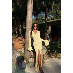Robe longue jaune à détails boutonnés, robe courte de luxe et tendance pour femme, taille XL, coupe Empire, couleur unie, idéale pour les fêtes de jour et l'automne - Product Image 4