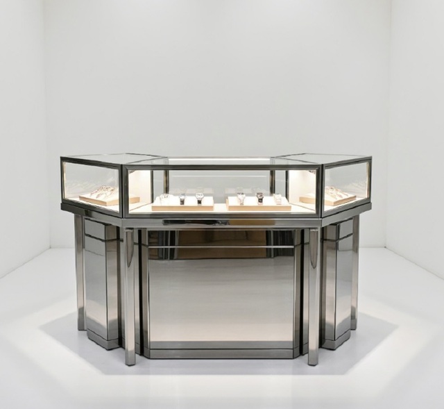 GZowin Custom High-End Polished Metal LED Lit Durable Watch Vitrine Freestanding Corner Display Cabinet Luxury Retail Store