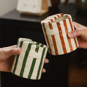 Vintage Coffee to Go Cup Hand Painted Stripe <b>Ceramic</b> <b>Mugs</b> Pottery Coffee Takeaway Cups - Product Image 1