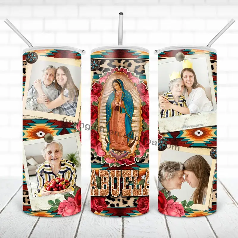 Özel resim çerçevesi bakire Mary ve San Judas Tadeo Tumbler meksika bayrağı gül çiçek 20 oz sıska düz Tumbler