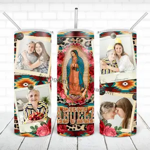Bingkai gambar kustom Mary dan San Judas Tadeo Tumbler bendera Meksiko bunga mawar 20 oz Tumbler lurus kurus