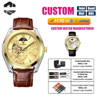 TIANNBU 1106 Montre mécanique automatique pour homme, phase soleil-lune, squelette, bracelet en cuir véritable, montre-bracelet masculine tendance, vente en gros