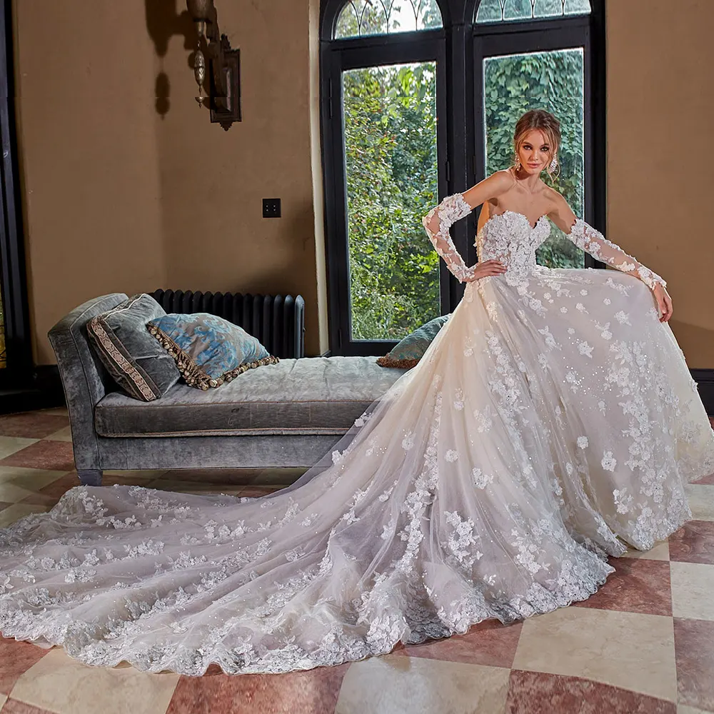 Crystal Appliques Flowers Shiny Princess Wedding Dress A-Line With Detachable Sleeve Alibaba China Vestidos De Boda