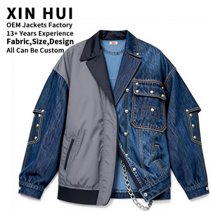 Chaqueta Vaquera de Invierno Personalizada OEM para Hombre, Estilo Urbano, con Parches de Colores en Contraste, Mezcla de Nylon y Lona, Diseño Retro, Multibolsillos, Forro Polar - Product Image 1