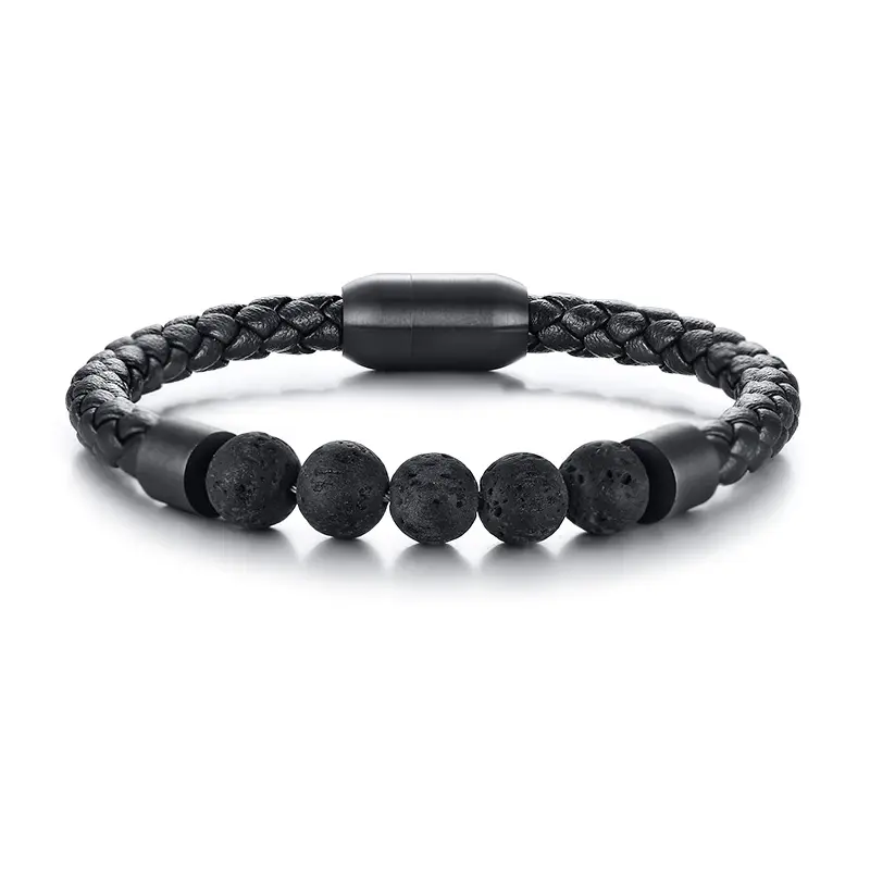 New releases magnet close bracelet for men microfiber leather matte finished steel bead bracelets