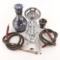Chicha arabe transfrontalière en métal de taille moyenne à double tige, avec verre givré marbré sculpté, ensemble complet