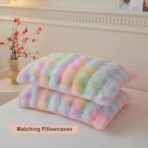 Ensemble de housse de couette en fausse fourrure de lapin moelleux ensemble de literie à bulles Shaggy confortable arc-en-ciel 1 housse de couette floue + 2 taies d'oreiller - Product Image 4