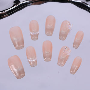 Faux ongles à presser faits main, couvrance totale, forme cercueil longue, en acrylique de luxe, avec French manucure et papillons 3D, haute qualité, pour vente en gros - Product Image 4