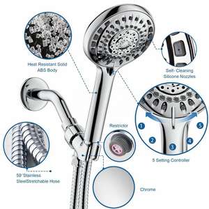 Cabezal de Ducha con Rociador de Lluvia, Masaje y Burbujas, 5 Configuraciones, Acabado Cromado, Manguera Extensible de Acero Inoxidable de 59 Pulgadas - Product Image 1