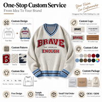 Pull en maille col en V pour l'hiver, motif lettres graphiques, en laine et mohair, bordure rayée bleue, manches longues, style décontracté preppy, vente en gros