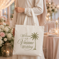 Sac fourre-tout personnalisé en feuille de palmier pour mariage, sac fourre-tout en toile avec nom et date personnalisés, sac cadeau pour mariage tropical sur la plage