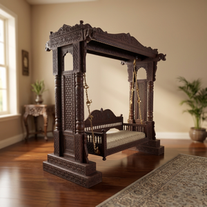Traditional Wooden Patio Swing <b>Chair</b> Carved Outdoor <b>Hanging</b> Seat Metal Stand for Park Courtyard-3-Person Quick-Dry Cushion - Product Image 3