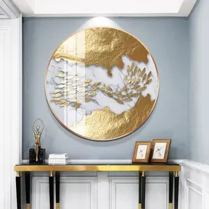 Sala de estar redondo decorativo de lujo pez dorado pájaro volador mariposa colgante de pared cristal hoja de oro lienzo pintura de pared - Product Image 1