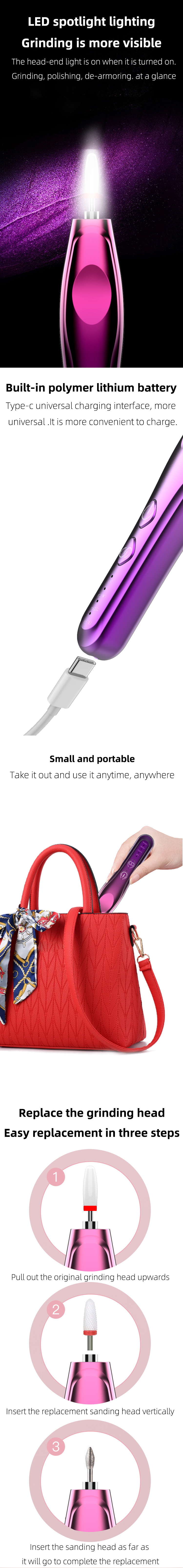 Electric Easy to replace the grinding head cordless Manicure Pedicure Grinding Polishing Gel nail drill Machine pen Tools