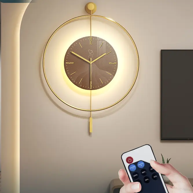 Horloge murale moderne à pendule surdimensionnée avec lumière LED ronde métal fer Art simple créativité Quartz motif salon Placement