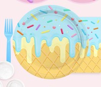Assiette jetable ronde de 7 pouces pour fête, approuvée par la FDA, 350 g/m², blanche, CMYK, motif crème glacée, joyeux anniversaire