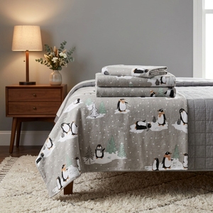 True North Sleep Philosophy – Parure de lit 3 pièces en flanelle douillette 100 % coton, ultra douce et chaude pour l'hiver, motif pingouins gris, taille Twin, mignonne - Product Image 1