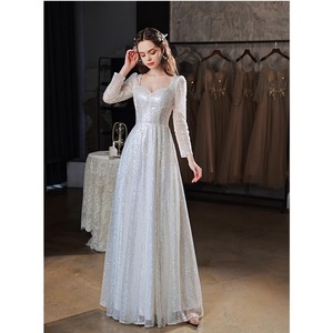 Silver Sequined Evening Gown Long Sleeve Sweetheart Neckline A-Line Empire Waist Wedding Dress Reception Performance Host Dress - Product Image 3