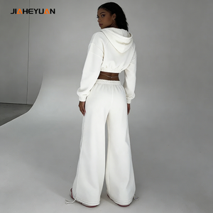 Custom 2 Piece Mulheres Drawstring Calças Set Fatos de Alta Qualidade Cropped Zip up Hoodie e Calças Perna Larga Set Mulheres - Product Image 4