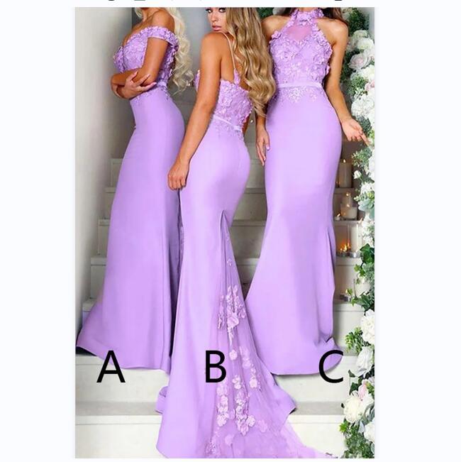 open lace back dress Elegant Lavender Straps Long Bridesmaid Dress with Slit – FancyVestido