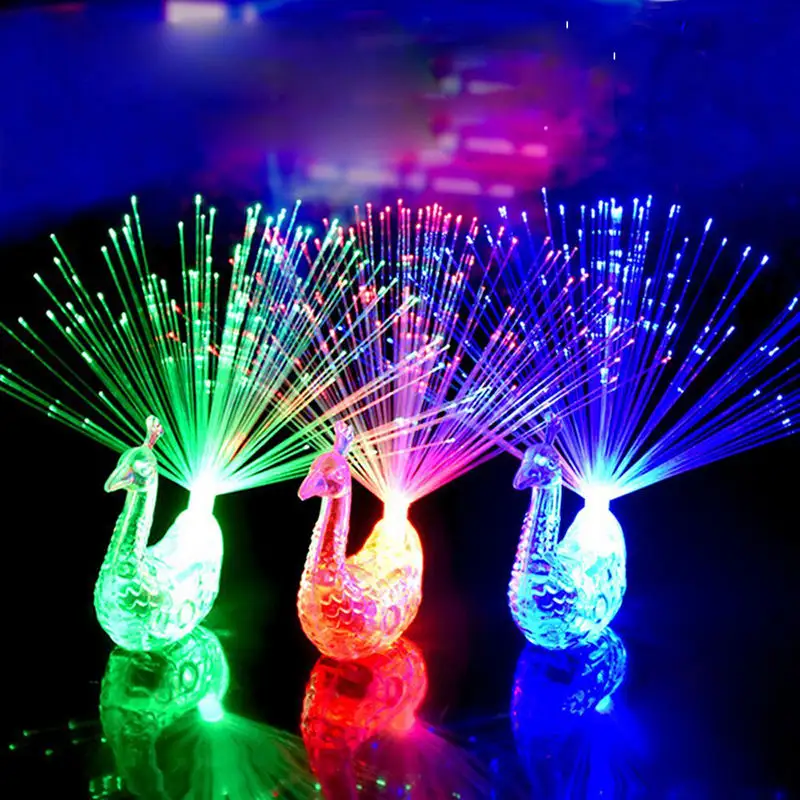 Peacock Led Light up Toy Lamp Fiber Finger Light Colorful LED Light up Peacock Rings Party Gadgets Toys for Children