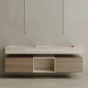 <span class=keywords><strong>Mobile</strong></span> <span class=keywords><strong>Bagno</strong></span> Sospeso Oversize in Travertino Romano <span class=keywords><strong>con</strong></span> Doppio Lavabo e Cassetti in Legno - Product Image 1