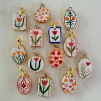 Collier Pendentif DIY en Acier Inoxydable et Céramique Peint à la Main Motif Fleur de Tulipe Géométrique Vintage avec Perles